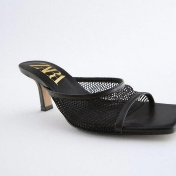 Zara Mesh Heeled Slides - Stylish Black Open-Toe Mules Size 42 - Picture 1 of 6